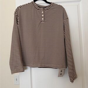 Muse Striped Long Sleeve Henley Top - Brown & Cream